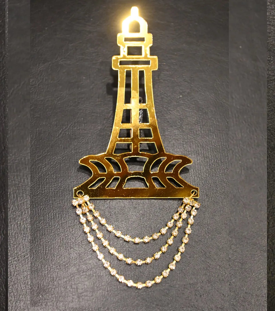 Premium Minar-e-Pakistan Golden Brooch with Chain Tassels – Independence Day Special
