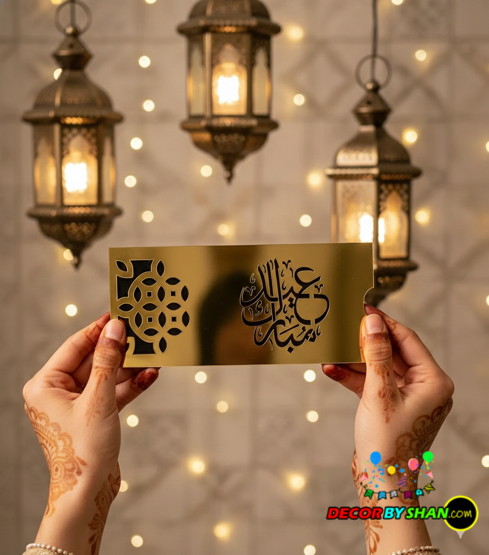 Royal Golden Acrylic Eidi Envelope – Premium Mirror Finish Laser-Cut Gift Box (Single Piece) | Free Home Delivery