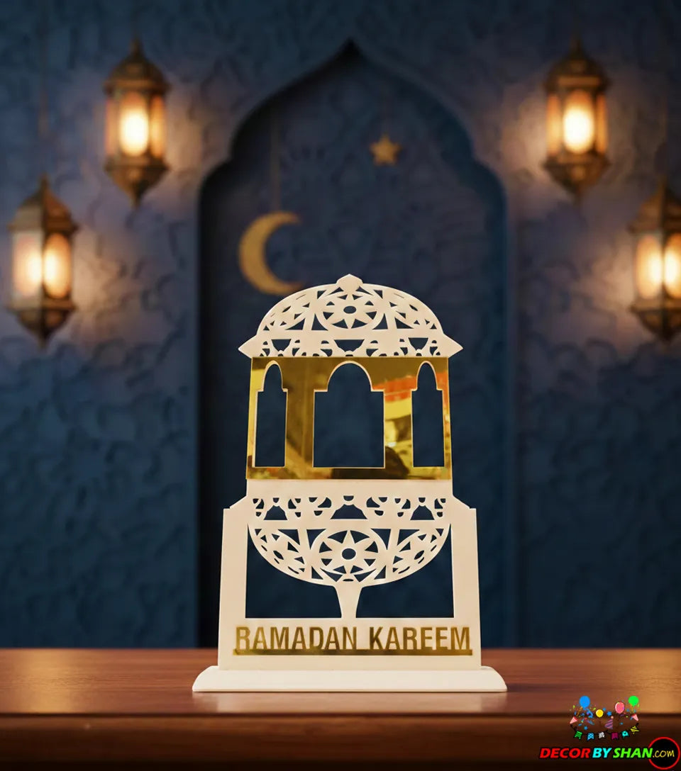 Imperial 3D Ramadan Kareem Table Decor – Luxury Gold Mirror & Matte Black Centerpiece