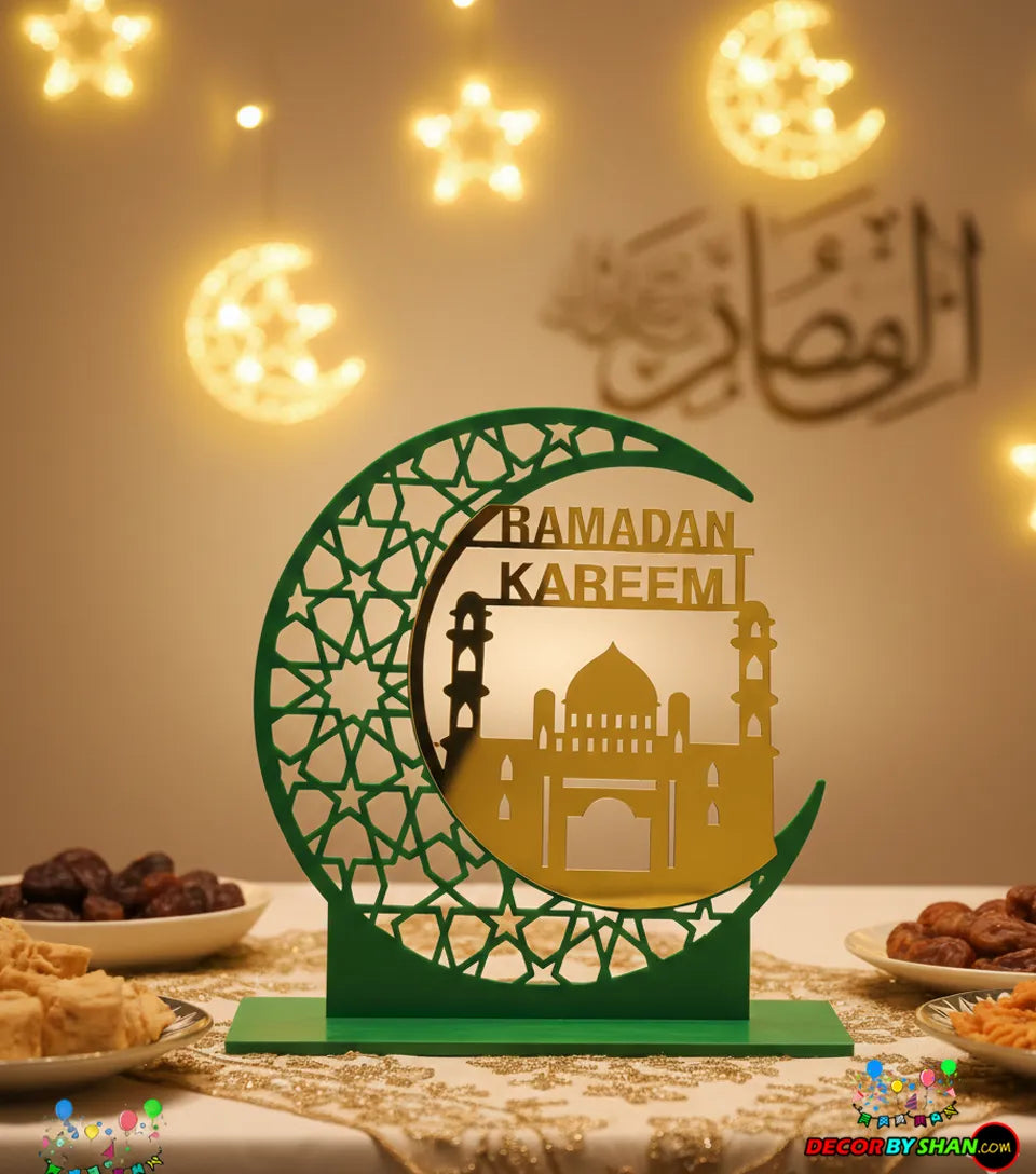 Imperial 3D Ramadan Kareem Table Decor – Luxury Gold Mirror & Matte Acrylic Desktop Centerpiece