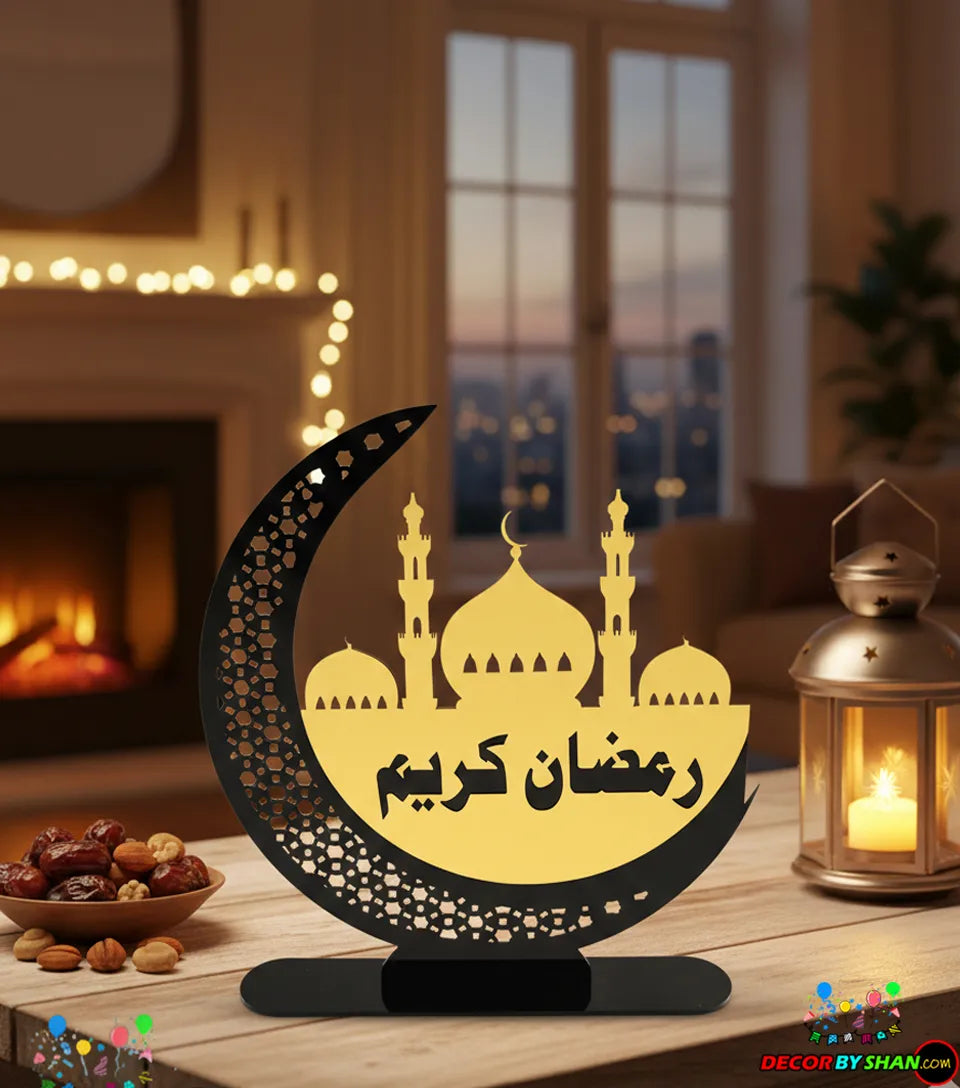 Imperial 3D Ramadan Kareem Table Decor – Luxury Gold Mirror & Matte Acrylic Desktop Centerpiece