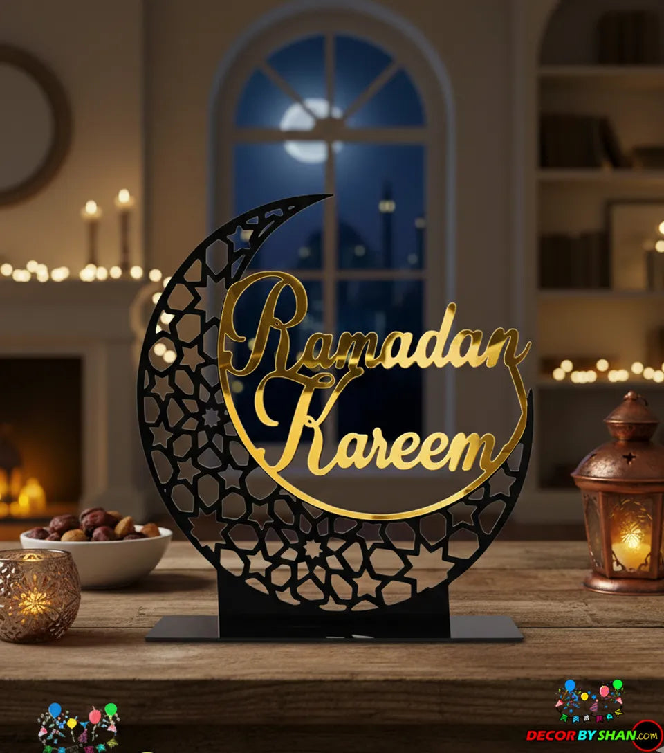 Imperial 3D Ramadan Kareem Table Decor – Luxury Gold Mirror & Matte Acrylic Desktop Centerpiece