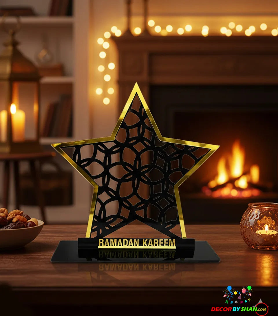Arabesque Lattice Star Ramadan Table Decor – 3D Gold & Black Luxury Centerpiece