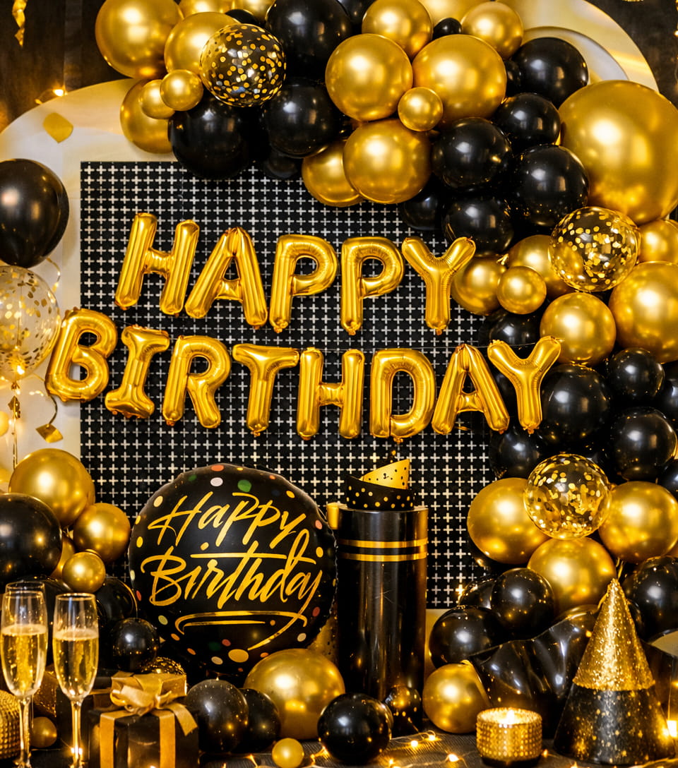 Luxury Black & Gold Happy Birthday Balloon Decoration Set – Room Decor