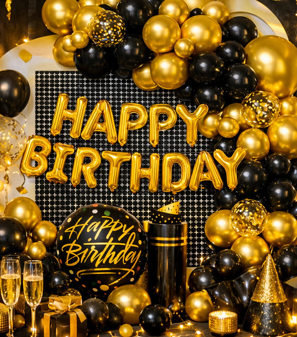 Luxury Black & Gold Happy Birthday Balloon Decoration Set – Room Decor