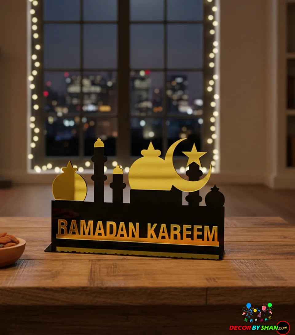 Ramadan Kareem Premium Gold & Black Acrylic Table Decor – Luxury 3D Desktop Centerpiece