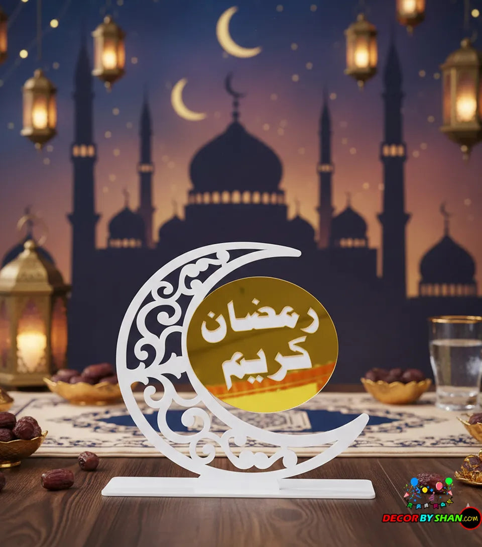 Premium 3D Ramadan Kareem Table Decor – Luxury Gold Mirror & Matte Acrylic Centerpiece Collection