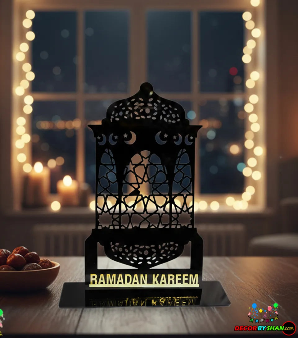 Imperial 3D Ramadan Kareem Table Decor – Luxury Gold Mirror & Matte Black Centerpiece