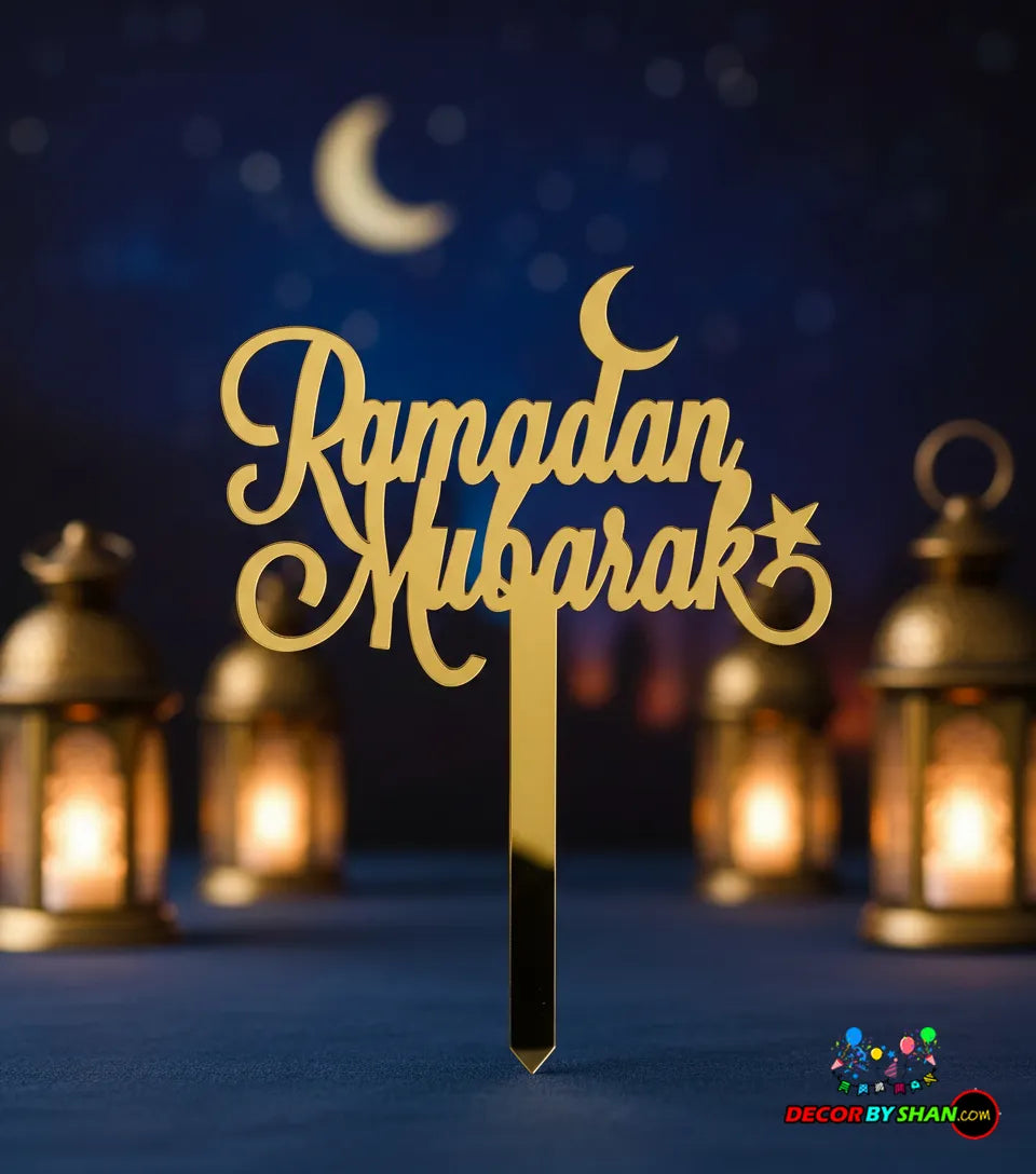 Ramadan Mubarak Golden Acrylic Cake Topper - Mirror Finish