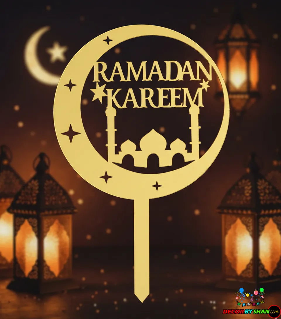 3D Gold Mirror Ramadan Cake Topper – Luxury Mosque Silhouette Dessert Decor