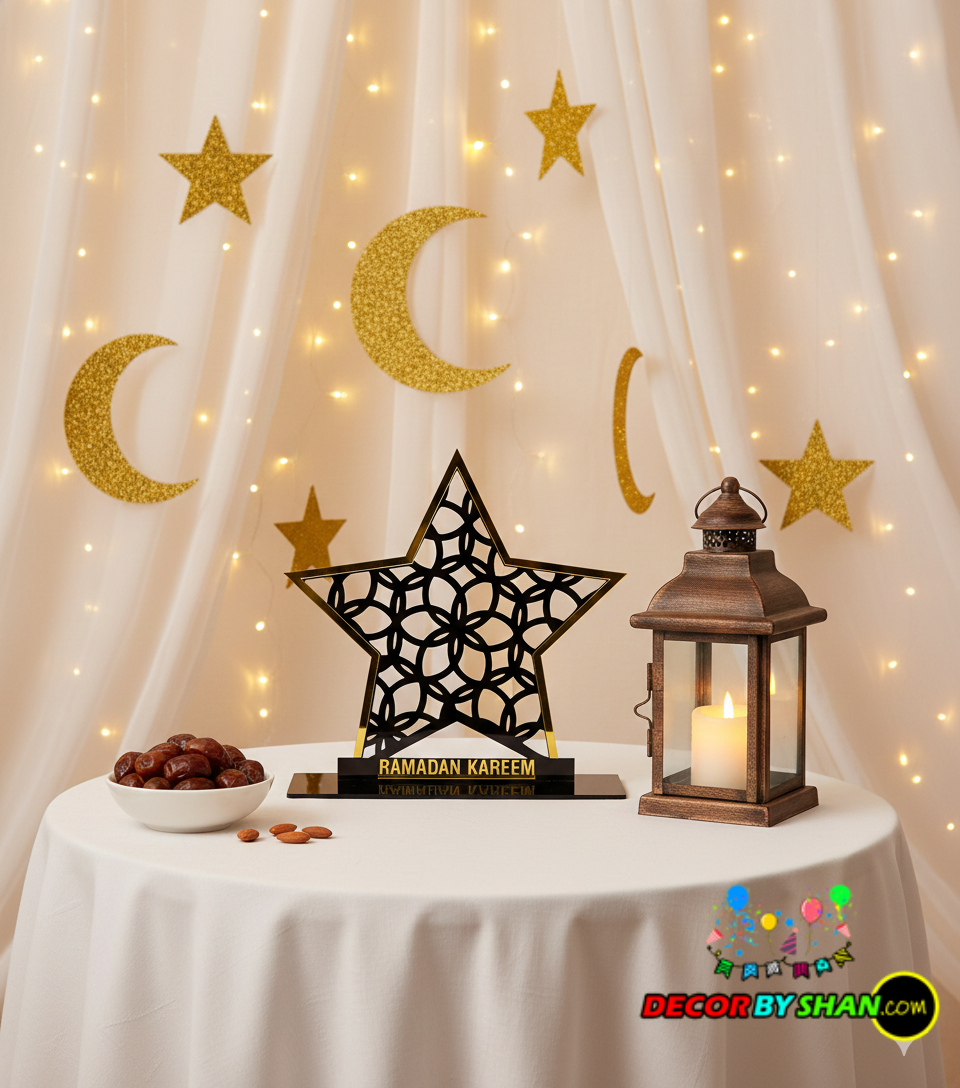 Arabesque Lattice Star Ramadan Table Decor – 3D Gold & Black Luxury Centerpiece
