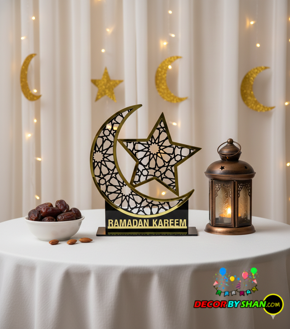 Regal Lantern Silhouette Ramadan Table Decor – Designer 3D Gold & White Centerpiece