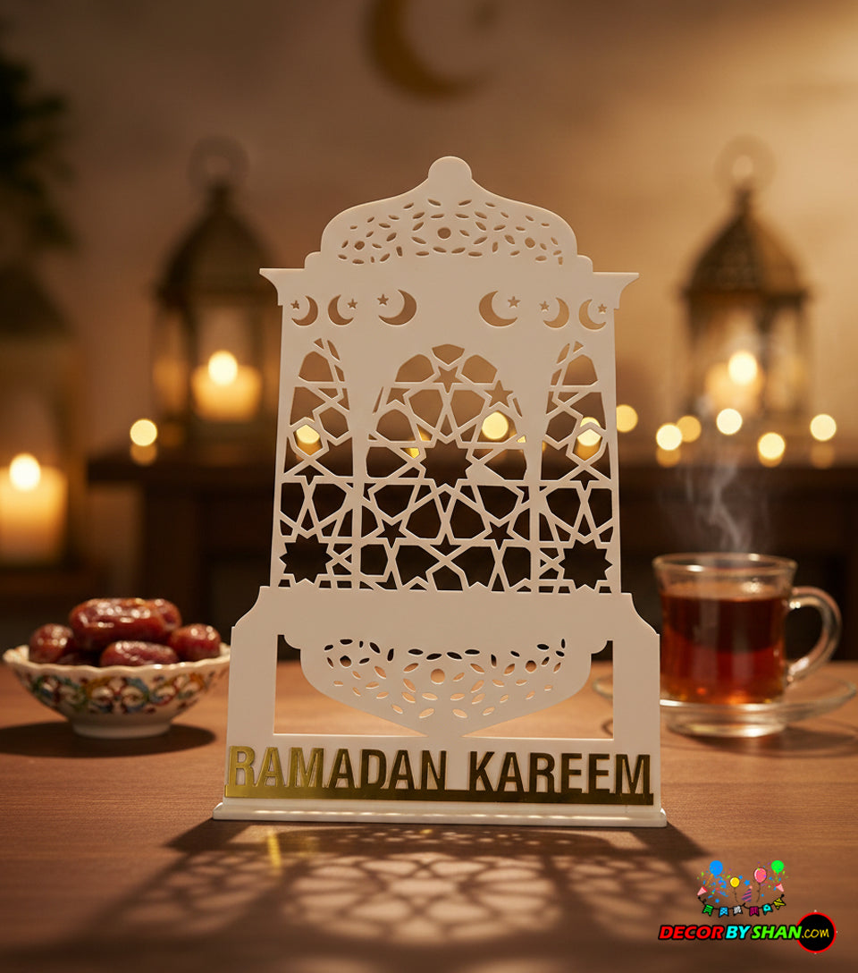 Imperial 3D Ramadan Kareem Table Decor – Luxury Gold Mirror & Matte Black Centerpiece