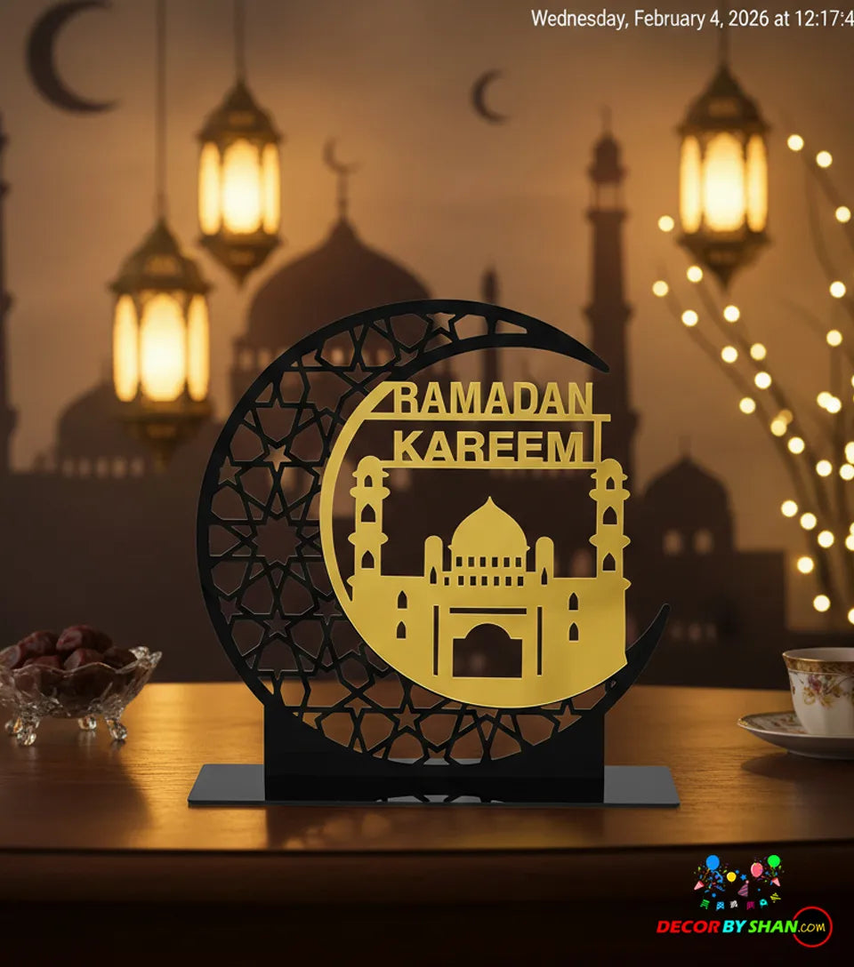 Imperial 3D Ramadan Kareem Table Decor – Luxury Gold Mirror & Matte Acrylic Desktop Centerpiece