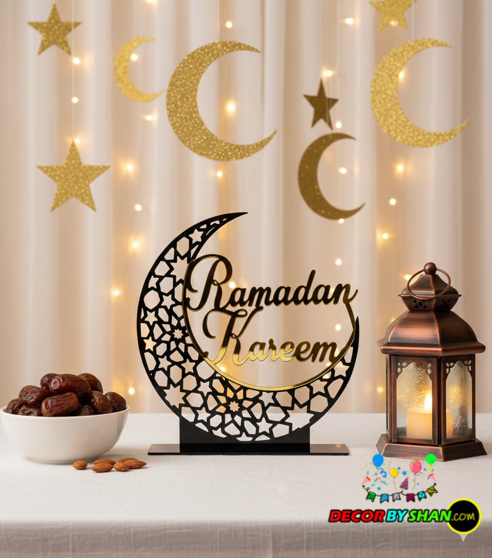 Imperial 3D Ramadan Kareem Table Decor – Luxury Gold Mirror & Matte Acrylic Desktop Centerpiece