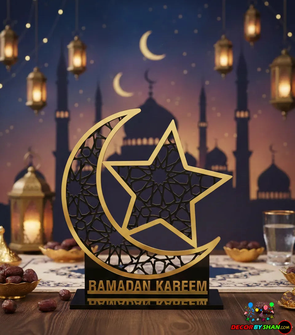 Regal Lantern Silhouette Ramadan Table Decor – Designer 3D Gold & White Centerpiece