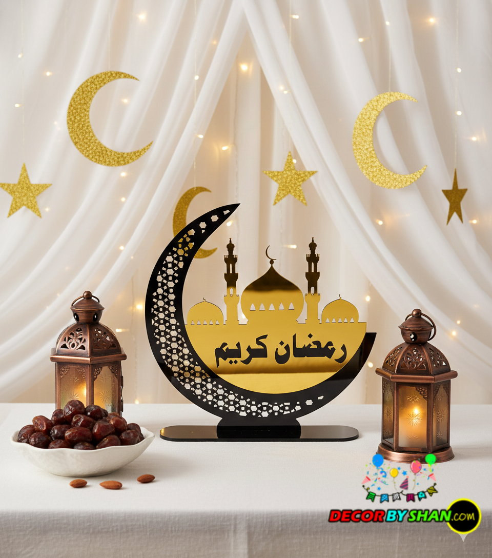Imperial 3D Ramadan Kareem Table Decor – Luxury Gold Mirror & Matte Acrylic Desktop Centerpiece