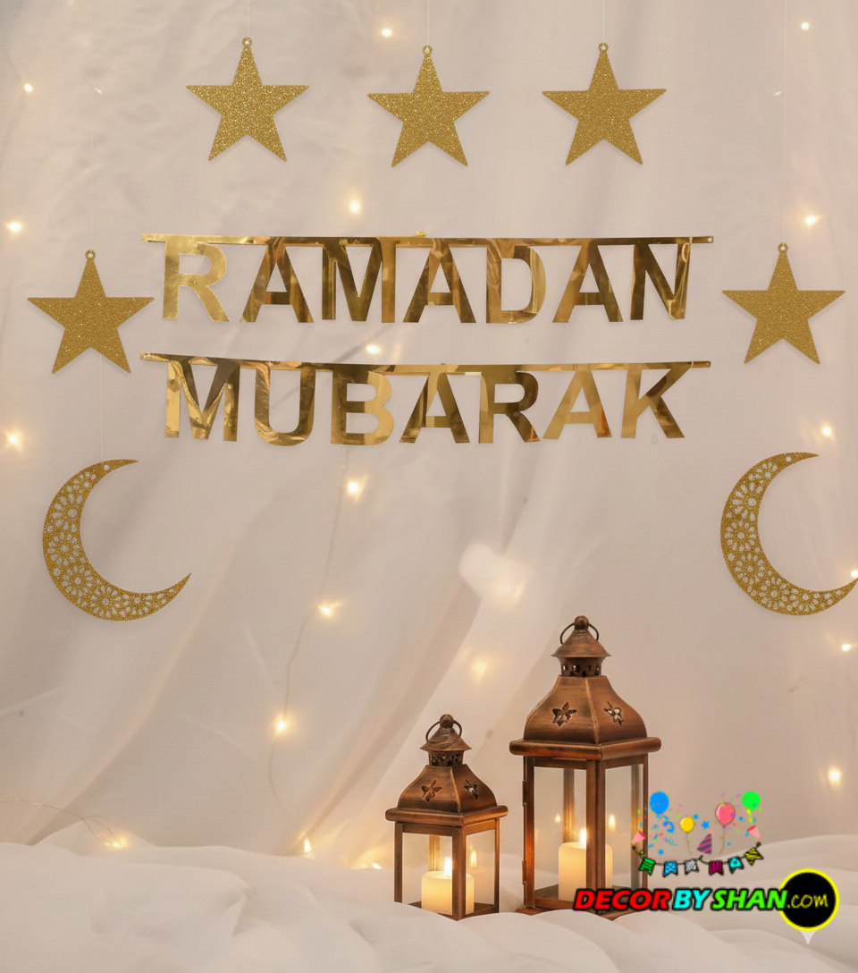 Ramadan Mubarak Gold Letter Banner Decor Set – Premium Hard Foil Card Wall Art Collection