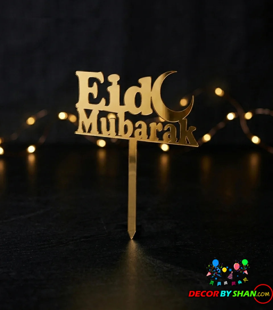 Premium Golden Acrylic Eid Mubarak Cake Topper – Luxury 3D Mirror Finish Dessert Decor