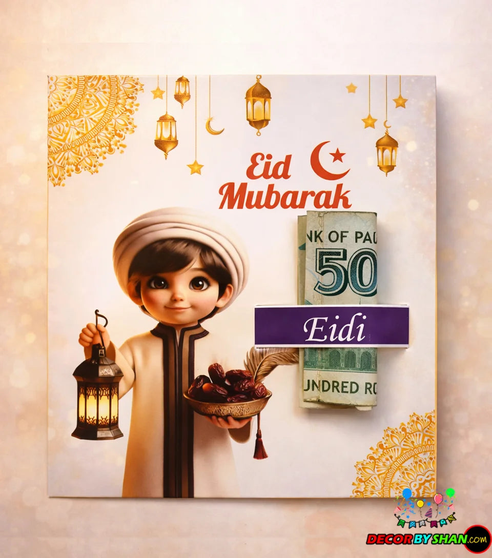 Premium Lantern Boy Eidi Card - Elegant Festive Design with integrated Eidi Holder (Pack of 12)
