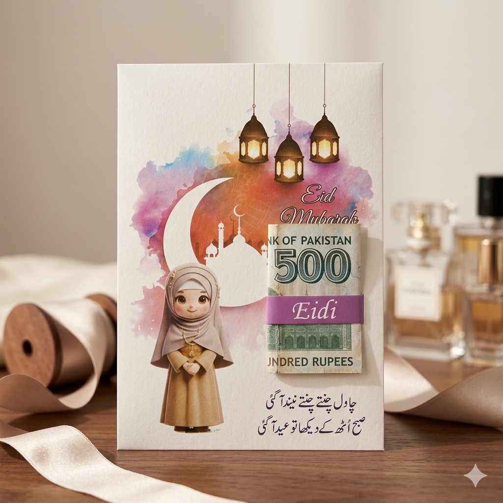 Premium Eidi Envelopes for Kids - Cute Character Design with Urdu Poetry (Pack of 12)