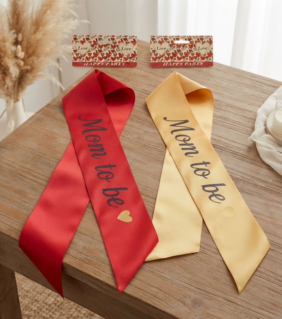 Mom to Be Satin Sash - Red & Gold Party Celebration Sash for Baby Shower