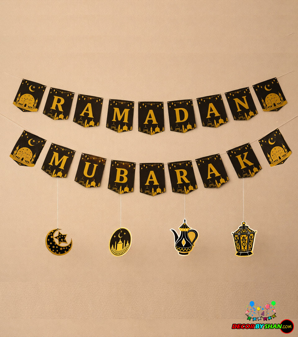Ramadan Mubarak Hanging Wall Decor - 2-Tier Banner with Crescent & Lantern Cutouts